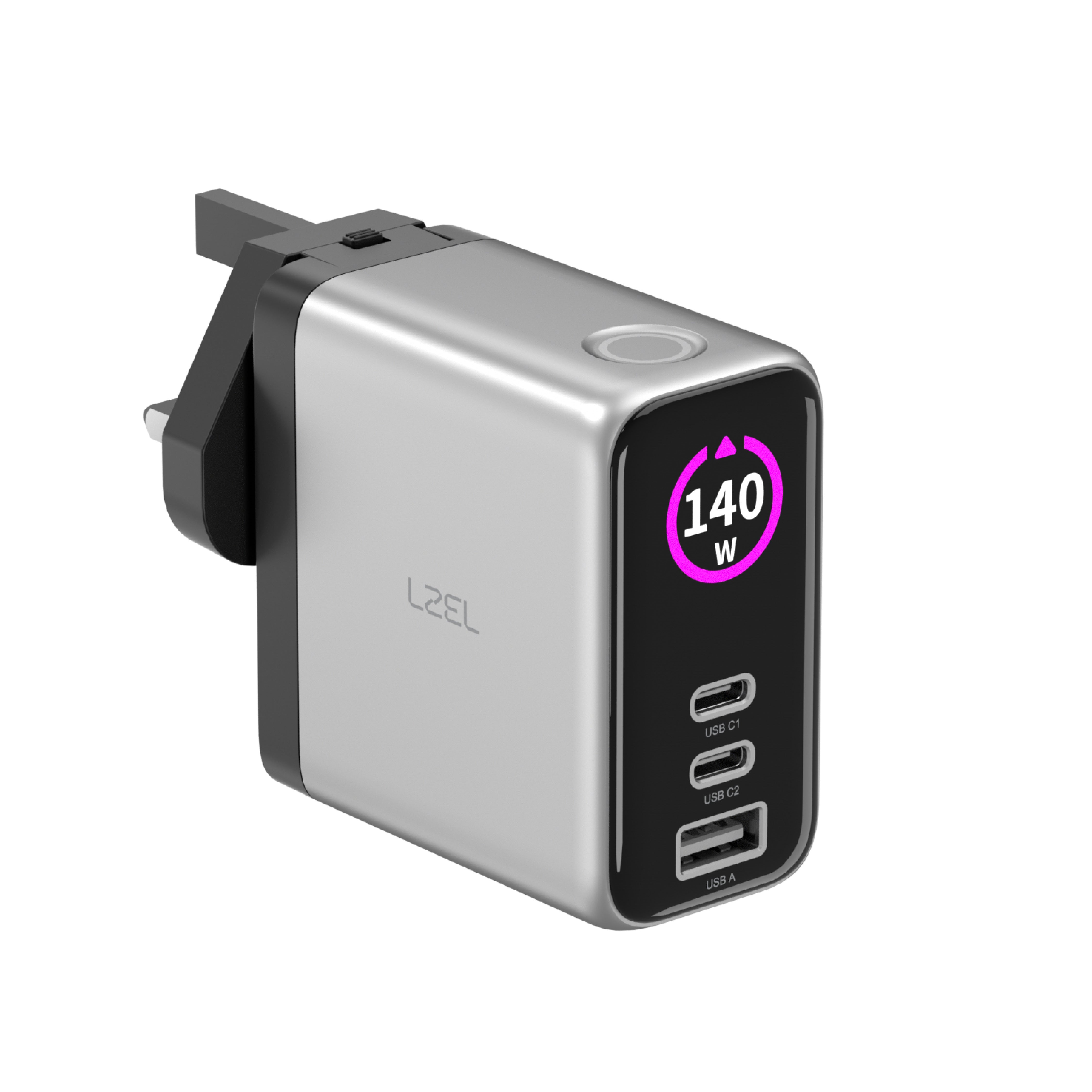 LZEL 140W GaN Travel Charger with 3-Port PD Digital Display & UK/EU/AU Plugs | Silver/Black LZEL 140W GaN Travel Charger with 3-Port PD Digital Display & UK/EU/AU Plugs | Silver/Black